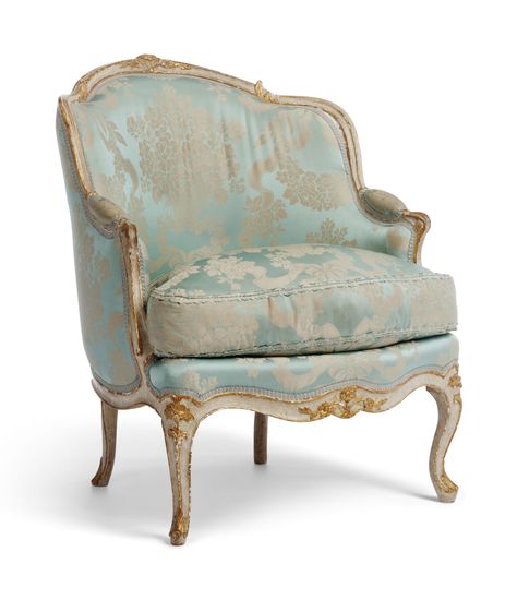 A LOUIS XV WHITE-PAINTED AND PARCEL-GILT BERGERE EN GONDOLE BY JEAN BAPTISTE GOURDIN, CIRCA 1750 The foliate-carved back, arms and seat covered in blue silk damask, stamped twice I. GOURDIN Living Room Designs India, Classic Chair Design, Classic Furniture Living Room, Bergere Armchair, Fine Antique Furniture, Louis Xvi Furniture, French Sofa, French Arm Chair, Classical Furniture