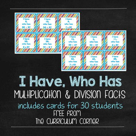 Use this I Have, Who Has facts class game to give students practice reviewing multiplication and division facts. FREE from The Curriculum Corner. I Have Who Has Multiplication Free, Fact Families Multiplication Division, Division With Remainders Activities, Division Facts Games, Multiplication File Folder Games, Center Chart, Division Games, Math Card Games, Division Facts