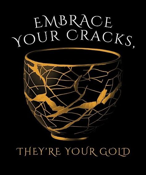 Discover the beauty of imperfection with our inspirational kintsugi vessel, adorned with the uplifting quote 'Embrace your cracks, they're your gold'. A tribute to resilience and beauty in imperfection. Kintsugi Art Inspiration, Kintsugi Quote, Kintsugi Aesthetic, Kintsugi Heart, Quotes Artwork, Beauty In Imperfection, Kintsugi Art, Quote Artwork, Traditional Japanese Art