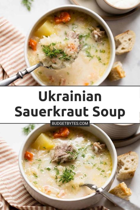 Sauerkraut Potatoes, Sauerkraut Soup, Eastern European Recipes, Pork Soup, Fermented Cabbage, Sauerkraut Recipes, Budget Bytes, Ukrainian Recipes, Diet Ideas