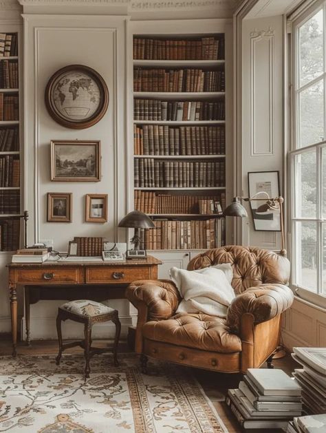 What To Do With A Nook Space, Cozy Academia Living Room, Living Room Light Academia, Modern Academia Interior Design, Medium Academia Aesthetic, Dark Academia Aesthetic Interior Design, Dark Academia With White Walls, Academia Living Room Aesthetic, Dark Academia Interiors