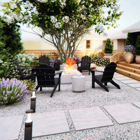 22 Gravel Patio Ideas to Copy | TheGrow Concrete Paver And Pea Gravel Patio, Poured Concrete Patio Ideas Landscape Design, Large Pavers With Gravel, Backyard Landscaping With Gravel, Gravel Porch Ideas, Pavers With Pea Gravel Patio Ideas, Pea Gravel Yard, Gravel Porch, Backyard With Gravel