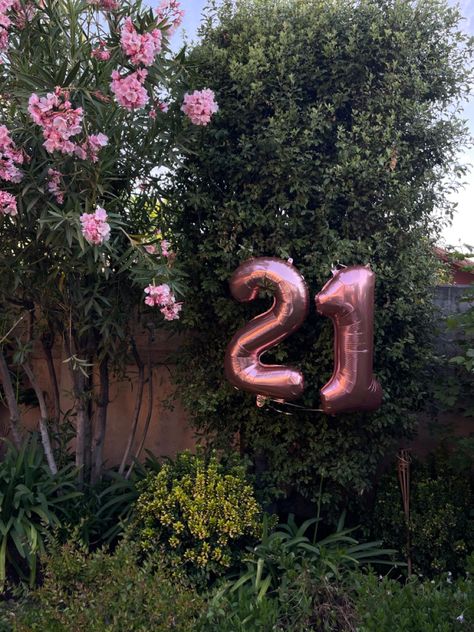 Birthday Decorations In Garden, First Birthday Aesthetic, Green And Pink Birthday, 21 Birthday Aesthetic, 21 Balloons, Birthday Celebration Decorations, Celebration Decorations, Flower Birthday Party, Twenty First Birthday