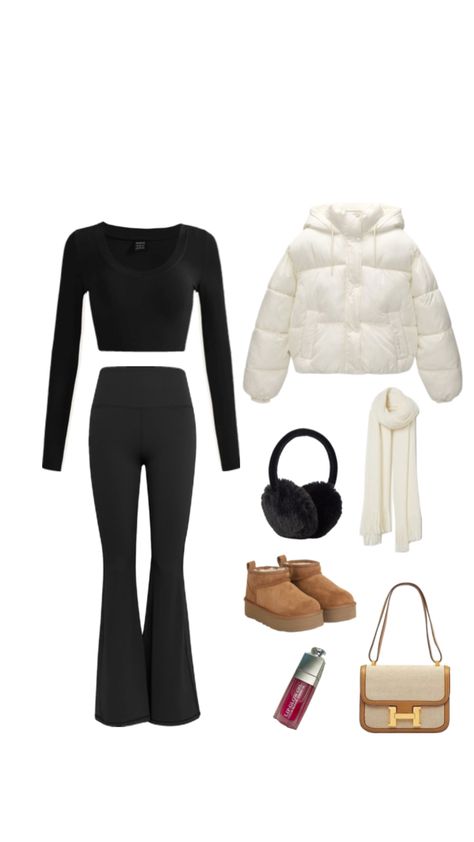 White puffer jacket flared leggings outfit ideas , styling winter clothes , holiday outfit White Puffer Outfit, Outfits With Flare Pants, Flare Leggings Outfit Winter, White Puffer Jacket Outfit, Flared Legging Outfit, Outfits With Flares, Puffer Jacket Outfits, Flares Outfit, Flare Leggings Outfit