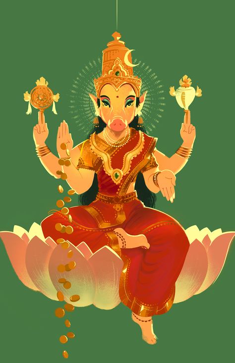 Goddess Varahi on Behance Lakshmi Goddess Painting, Indian God Illustration, Indian Goddess Illustration, Lakshmi Illustration, Varahi Amman Images, Indian Goddess Art, Goddess Varahi, Goddess Illustration, Indian Illustration