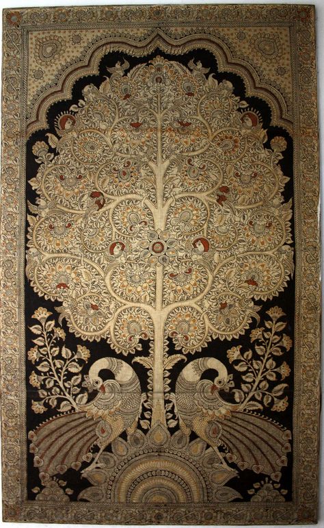 This is called 'Tree Of Life' painting in Kalamkari.  Only a handful of people can create / replicate this work now.  Kalamkari is an age old art of… Tree Of Life Artwork, Family Tree Tattoo, Tree Of Life Painting, Persian Art Painting, Kalamkari Painting, Tree Of Life Art, Pichwai Paintings, Painting Canvases, Madhubani Art