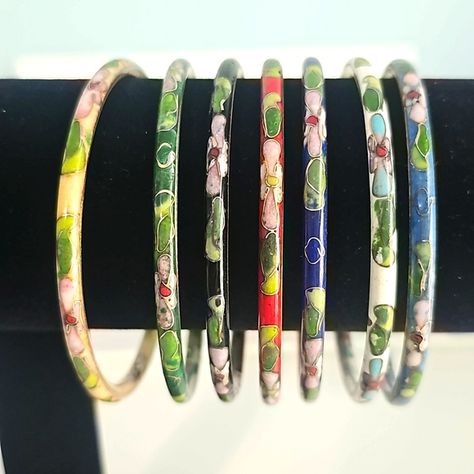 Cloisonne Bangle Bracelets set of 7 Cloisonne Jewelry, Bangle Bracelet Set, Bracelets Set, Flowers Design, Enamel Flower, Sweet Life, Bracelet Set, Flower Designs, Bangle Bracelets