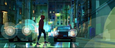 Concept art from Spider-Man: Into the Spider-Verse Spider Man Into The Spider Verse, Marvel Wall, Concept Art Tutorial, Into The Spider Verse, Color Script, Verse Art, Concept Art Character, The Spider, Animation Background