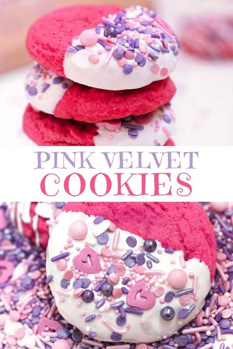 An easy and delicious soft pink sugar cookie with a white chocolate drizzle. The pink velvet cookie dough is so much fun to make! When you you dip them in the melted white chocolate... perfect for Valentine's Day! #dessert #ideas #easy #simple #forhim #forher #forkids Pink Velvet Cookie Recipe, Pink Treat Ideas, Cookie Recipes Valentines Day, Pink Bake Sale Ideas, Cute Valentines Desserts, Pink Velvet Cookies, Valentines Day Dessert Ideas, Valentine Food Ideas, Cute Snack Ideas