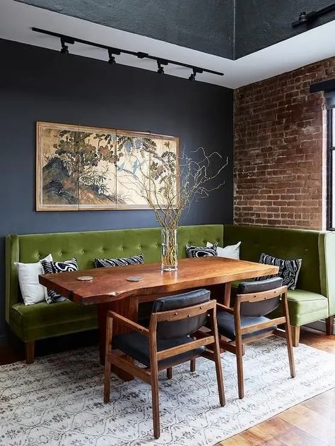 An Argument for Exposed Brick: Why You Shouldn't Paint Over It Seating In Kitchen, Banquette Seating, Dining Nook, Dining Room Inspiration, Maximalism, Dining Room Design, Banquette, 인테리어 디자인, Dining Room Decor