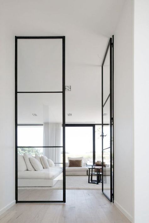 Pintu Interior, Minimalist Dekor, Black Interior Doors, Door Glass Design, Interior Minimalista, Glass Doors Interior, Narrow Hallway, French Doors Interior, Minimalism Interior