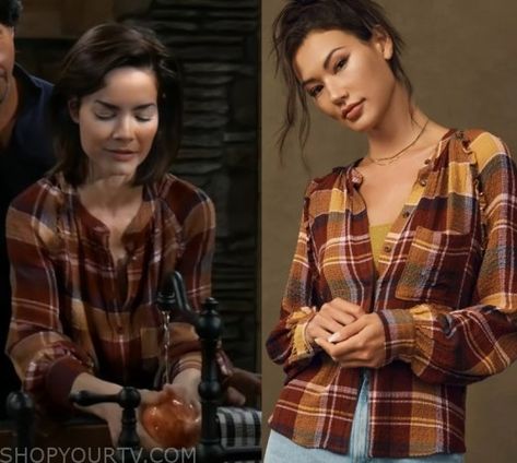 General Hospital: November 2023 Elizabeth's Brown Plaid Blouse Elizabeth Webber, Grey Tweed Blazer, Elizabeth Brown, Worn On Tv, Hospital Outfit, Grey Tweed, Button Front Top, Tie Waist Dress, Plaid Blouse