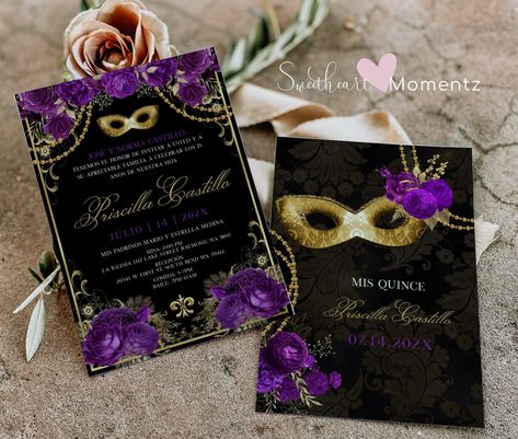 Masquerade Quinceanera, Purple Quinceanera Theme, Quinceanera Masquerade, Masquerade Party Invitations, Halloween Party Invite, Quinceanera Invitation, Quinceanera Themes, Birthday Halloween Party, Quinceanera Invitations