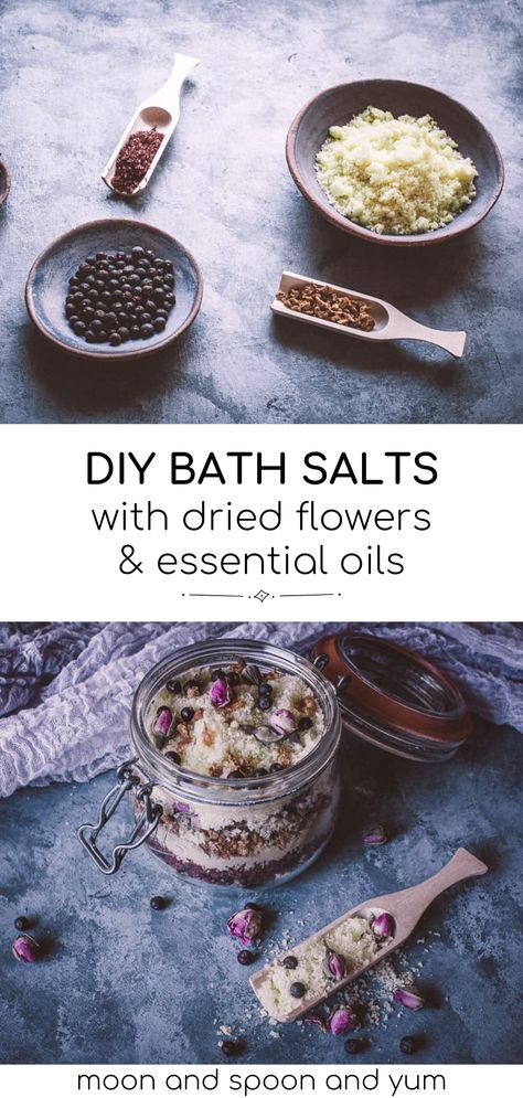 How to Make DIY Bath Salts with Dried Flowers & Essential Oils - Made with Epsom salt, dried juniper berries, rose petals, and essential oils, this easy DIY herbal bath salts recipe is one I enjoy during my full moon bath rituals for self-care. Herbal bath products are simple to make and are great homemade herbal Christmas gifts during the holidays! Bath Salt Witchcraft, Diy Bath Salts With Essential Oils Recipes, Diy Bath Oil Recipes, Full Moon Bath Salts Recipe, How To Make Bath Salts, Witchy Diy Gifts, Diy Herbal Bath Salts, Rose Bath Salts Diy, Epsom Salt Bath Recipe