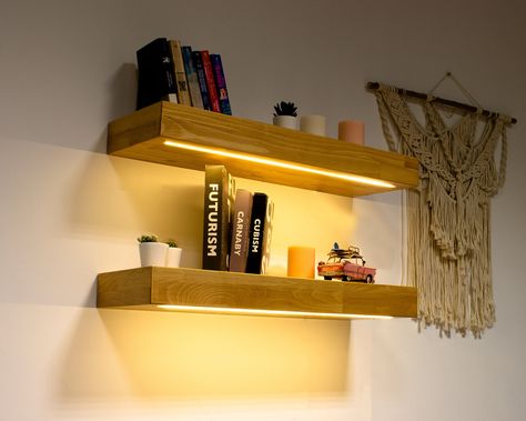 Wooden Wall Shelves Bedroom, Book Shelf Lighting Ideas, Shelf Lighting Ideas, Floating Shelves With Led Lights, Kona Grill, Floating Shelves With Lights, Custom Floating Shelves, Professional Electrician, Farmhouse Shelves