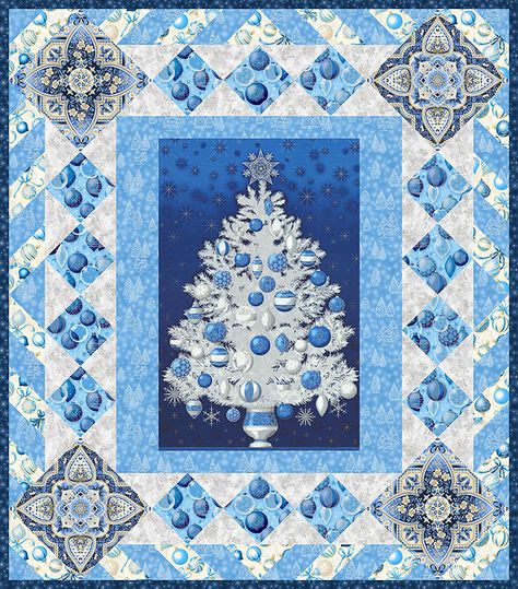 Blue And Silver Christmas Tree, Christmas Tree Quilts, Quilting Panels, Blue And Silver Christmas, Snow Covered Christmas Trees, Quilt Pattern Free, Pattern Layout, Panel Quilt Patterns, Tree Quilts