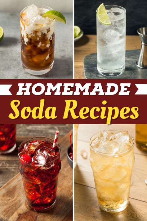 Skip the canned stuff and try these homemade soda recipes! From traditional cola to root beer to cherry, these tasty drinks are sure to please! Strawberry Soda Recipe, Lemon Soda Recipe, Homemade Soda Syrup, Sodastream Syrup, Soda Drinks Recipes, Soda Stream Recipes, Root Beer Recipe, Cola Recipe, Homemade Rootbeer