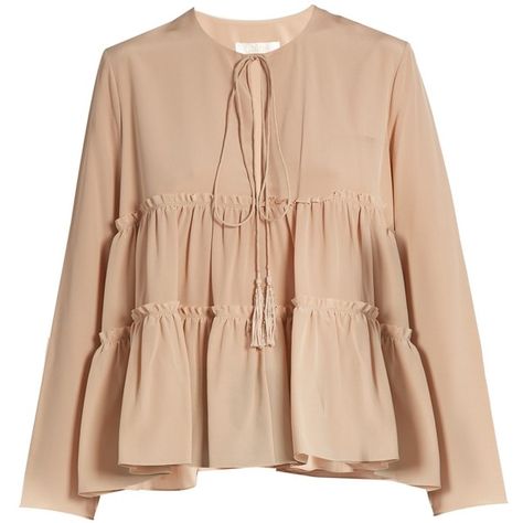 Chloé Tie-neck tiered blouse (4,940 ILS) ❤ liked on Polyvore featuring tops, blouses, light pink, loose fitting tops, flutter-sleeve top, neck-tie, beaded top and flounce tops Long Blouse Outfit, Áo Blu, Neck Tie Blouse, Light Pink Blouses, Frilly Blouse, Tiered Blouse, Beige Blouse, Blouse Material, Loose Fitting Tops