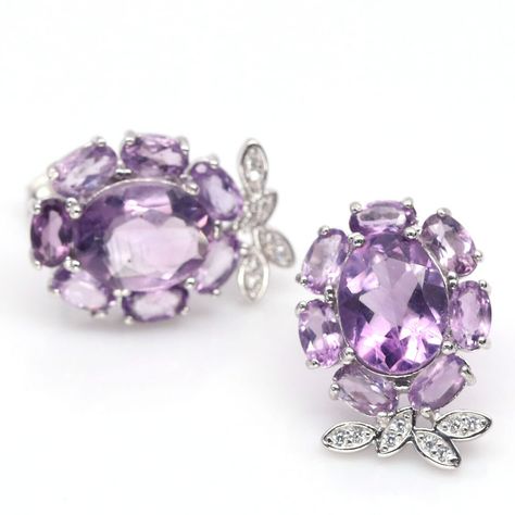 Floral Purple Amethyst and Cubic Zirconia Earrings 925 Sterling Silver White Gold Plated / Flower gem studs How To Wear Rings, Lavender Amethyst, Flower Plates, Cubic Zirconia Earrings, Flower Tops, Zirconia Earrings, Cute Rings, Purple Amethyst, Gold Plated Jewelry