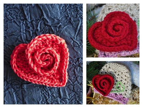 Rosy Heart Free Crochet Pattern Swirly Heart Crochet, Crochet Rose Heart Pattern Free, Crochet Spiral Heart Free Pattern, Spiral Heart Crochet, Spiral Heart Crochet Pattern, Crochet 3d Heart, Crochet Heart Pattern Free, Crochet Shapes, Crocheted Hearts