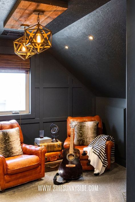 guitar room Black Room Black Ceiling, Black Wall Man Cave, Black Ceiling Basement Dark Walls, Small Room Ceiling Light, Dark Painted Small Rooms, Black Walls Game Room, Man’s Living Room, Small Space Dark Walls, Dark Game Room Design