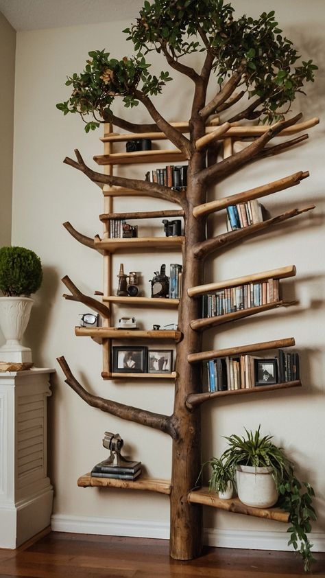 Transform your bedroom with DIY grunge style by incorporating corner wall brackets for floating tree branch shelves Learn how to create this unique plant wall shelf in our step-by-step tutorial Plant Wall Shelf, Branch Shelves, Creative Shelving Ideas, Shelves Ideas, Giant Tree, Corner Wall, Cool Books, Unique Plants, Cozy Reading Nook