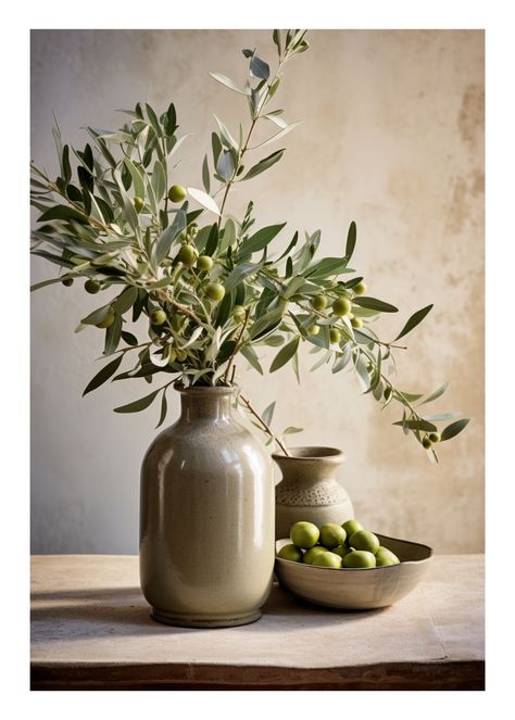 Olive Branches In Vase, Vases Photography, Olive Aesthetic, Olive Decor, Southern Landscape, Drinks Photography, Earthy Home, Olive Leaves, Olive Branches