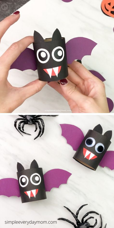 This cardboard tube bat is a fun and easy Halloween craft for kids. Download the free printable template and grab your toilet paper rolls! This is an easy kids craft theyll love creating! Toilet Paper Roll Bat, Kids Bat, Bat Craft, Bricolage Halloween, Halloween Crafts For Toddlers, Halloween Fest, Fun Halloween Crafts, Halloween Arts And Crafts, Toilet Paper Rolls