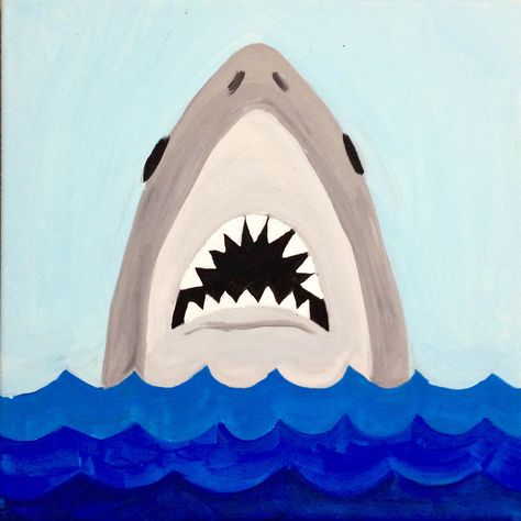 Jaws #shark #movie #canvastherapy #paint #acrylic #paintandsip #wine #art #canvas #blackart #painter #girlgroup #memphis #paintingideas #amandab Shark Painting Acrylic Easy, Simple Shark Painting, Jaws Painting, Shark Painting Easy, Shark Canvas Painting, East Painting Ideas, Jaws Shark, Shark Painting, Art Beat