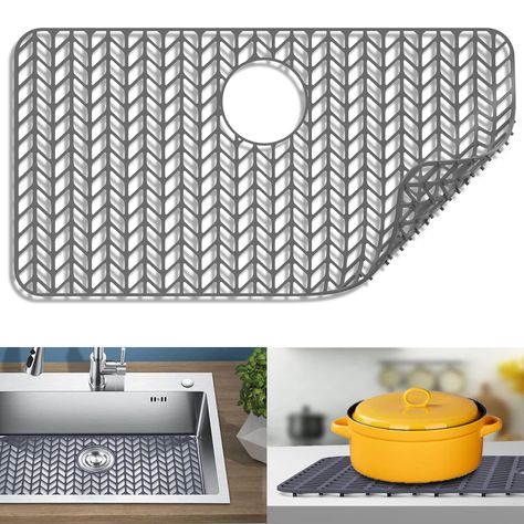 PRICES MAY VARY. 【Silicone Material】Silicone material sink protectors for kitchen sink conform to sink side,and provide a cushion for your dishes. A good sink protection for your fragile glassware and stainless steel or ceramic sink. 【Raised Bottom Feet】Non-slip and raised feet elevate the kitchen sink mats with drain hole to allow little food particles and water run through it, Also work as a dish drying mat under the sink. Kitchen sink grid has an center opening for the sink drain,fits most bowl sinks drain hole. 【Dishwasher Washing】Silicone material is dishwasher washing. Cleaning farmhouse sink accessories for Center Drain with running water is also a good way. Another benefit of silicone material is rustproof. 【High temperature resistance】Kitchen sink accessories and protectors can ha Kitchen Sink Mat, Sink Protector, Rv Kitchen, Sink Grid, Sink Mats, Kitchen Sink Accessories, Stainless Steel Sink, Porcelain Sink, Bowl Sink