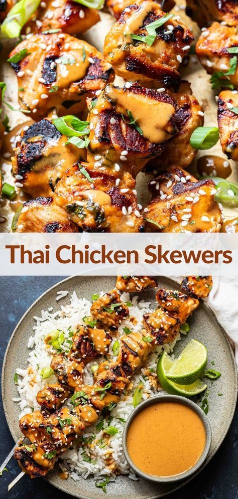 Thai Chicken Skewers Thai Chicken Skewers, Easy Thai Chicken, Homemade Corn Dogs, Thai Grilled Chicken, Thai Spices, Easy Grilling Recipes, Spicy Peanut Sauce, Easy Grilling, Main Dish Salads