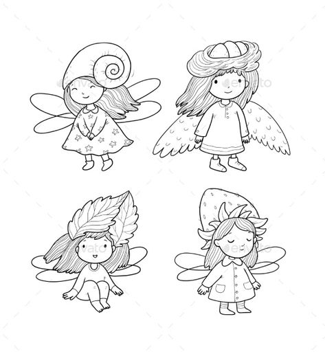 Cute Little Cartoon Fairy Girls by Chetkova | GraphicRiver Mini Fairy Drawing, Cute Fairy Drawing Easy, Tiny Fairy Drawing, Fairy Illustration Character, Fairy Cute Illustration, Dainty Fairy Drawing, Fairy Garden Drawing, Fantastic Drawing, Sketch Prints