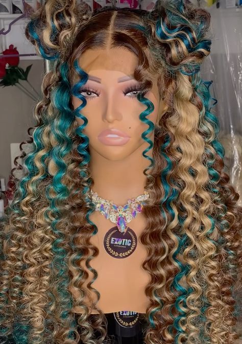 Brown Wig With Blue Highlights, Blue And Brown Wig, Honey Blonde And Blue Hair, Brown And Blue Hair Black Women, Dyed Wig Ideas, Brown And Blue Braids, Hair Braid Patterns, Glamour Hair, 13x4 Lace Front Wig