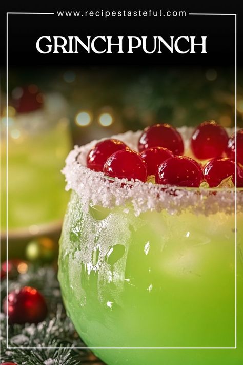 A festive and fruity Grinch Punch that's perfect for holiday gatherings. This vibrant green drink combines tropical flavors with fizzy soda for a refreshing treat. Easy to make and customizable for both kids and adults! Grinch Punch Recipe Alcohol, Grinch Drinks For Kids, Green Punch Recipes, Grinch Snack, Punch Recipes For Kids, Grinch Drink, Grinch Punch, Holiday Punch Recipe, Green Punch