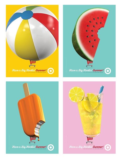 This ad for target is another good example of scale. They use overly exaggerated items, and put them on top of a tiny shopping cart. The color contrast also helps the images to sand ut even more. Summer Ads Advertising Campaign, Summer Campaign Advertising, Summer Creative Ads, Summer Ads, Summer Branding, Sustainable Sneakers, Shopping Ads, Editorial Layouts, Retail Advertising