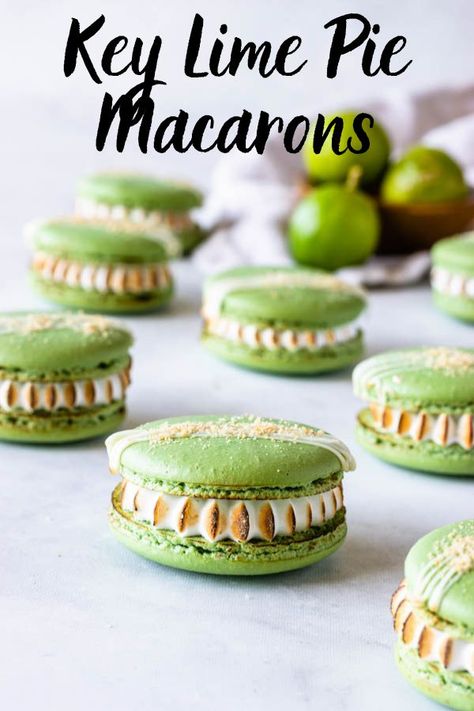 Key Lime Pie Macarons #keylime #macarons #frenchmacaron #glutenfree #keylimepiefilling #condensedmilk #sweets #treats #grahamcrackers #cookies #cookiemonster #glutenfreecookie #macaronbaking #macaronqueen #piesandtacos #marshmallow #toastedmarshmallow Pretty Macarons, Pie Macarons, Pies And Tacos, French Macaroon Recipes, Birthday Recipes, Macaron Recipes, Tacos Recipes, Macaron Filling, Macaroon Cookies