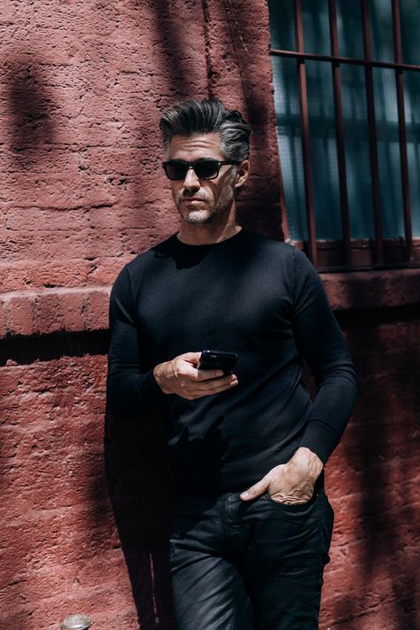 Men Model Photography, Eric Rutherford, Mode Over 50, Older Mens Hairstyles, Black Outfit Men, Its A Mans World, Men Model, Well Dressed Men, Poses For Men