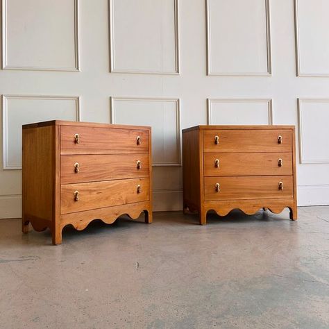 Chris & Jason New and Vintage Furniture on Instagram: "Available to order. We are in love with this NEW Pair of Chloe Bedside Chest / Nightstands. We are especially fond of the scalloped bottom apron as well as the variations in the medium light wood tones of the “Antique French Oak” finish. Solid wood and easy gliding drawers. The matching 6 Drawer Chloe Dresser can be “ordered” as well.   Chloe 3 Drawer Chest - $995 “each” 29.5”W x 18”D x 28”H  Chloe 6 Drawer Dresser - $2495 Dimensions: 60”W x 20.25”D x 36.25”H   Please DM us if interested and be sure FOLLOW us and “share” with any family or friends who may be in need or simply appreciate this gorgeous piece.   We ship our furniture anywhere in the lower 48 states.  #chloedresser #antiquefrenchoak  #raleighinteriordesigner  #newyorkinter Scalloped Nightstand, Dallas Interior Design, Oak Dresser, Bedside Chest, 3 Drawer Chest, Wood Tones, 6 Drawer Dresser, French Oak, Drawer Chest