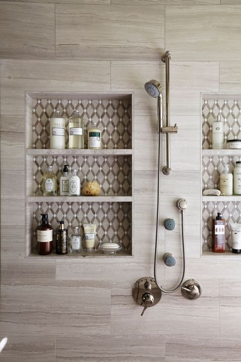 Honeycomb Tiles Bathroom, Bathroom Niche Design, Shower Niche Tile Ideas, Bathroom Niche Ideas, Shower Niche Ideas, Bathroom Closet Remodel, Wall Niche Ideas, White Marble Shower, Tile Shower Niche