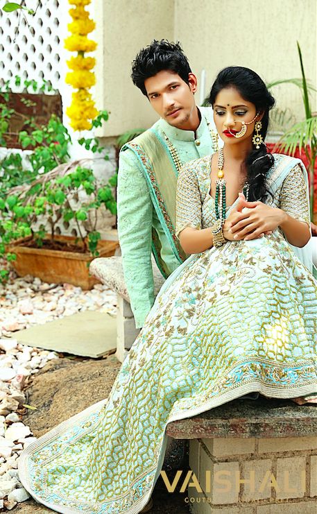 Brides can wear blue and look stunning. Presenting pastel outfits for weddings. #TheBridalConfetti#Lehengatime#Sherwanitime Green Couple Outfit, Couple Dresses, Pastel Outfits, Green Lehenga, Couple Dress, Gold Outfit, Traditional Wedding Dresses, Bride Photo, Engagement Outfits