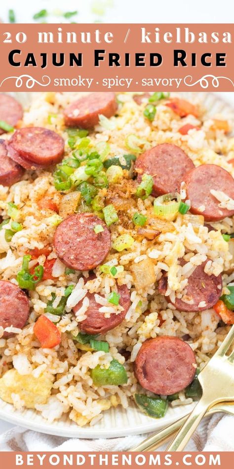 kielbasa cajun fried rice recipe Cajun Fried Rice, Cajun Rice, Cajun Fries, Sausage Rice, Cajun Sausage, Fried Sausage, Cheap Family Meals, Best Sausage, Fluffy Eggs