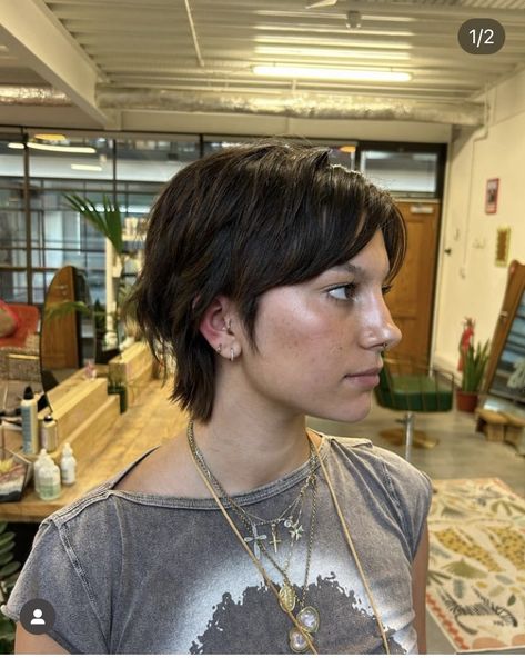 Low Volume Haircut, 90s Mullet Women, Big Head Short Hair, Growing Out Mullet Haircut, Queer Bob Hairstyle, Super Short Straight Hair, Mullet Short Women, Subtle Mullet Hairstyle Women, Queer Haircut Straight Hair