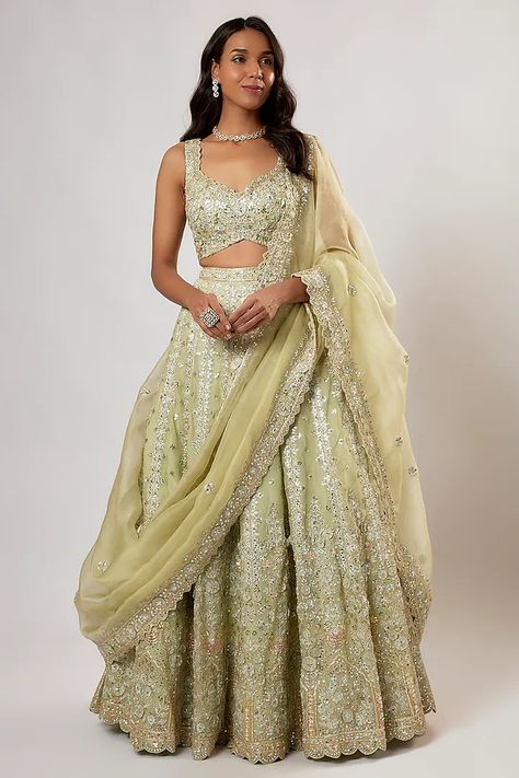 Sage Green Organza Cutdana Embroidered Bridal Lehenga Set by Aneesh Agarwaal at Pernia's Pop Up Shop 2024 Aneesh Agarwaal, Embroidered Bridal Lehenga, Lehenga Bridal, Embroidered Lehenga, Indian Fashion Designers, Pernia Pop Up Shop, Bridal Lehenga, Indian Bridal, Pop Up Shop