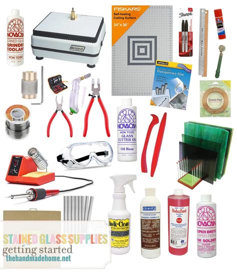 stained glass: getting started - The Handmade Home Stained Glass Equipment Tools, Stained Glass How To Make, Stained Glass Materials, Where To Buy Stained Glass Supplies, Stained Glass Starter Kit, Stained Glass Tools For Beginners, Stained Glass Set Up, How To Stained Glass Diy, Make Stained Glass Diy