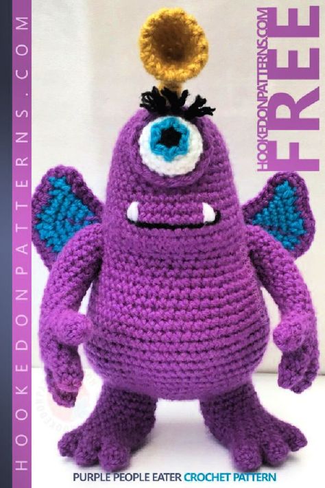 25 Easy and Free Crochet Monster Patterns Flying Purple People Eater, Monster Amigurumi, Minion Crochet Patterns, Purple People Eater, Crochet Monster, Purple Monster, Crochet Bloggers, Purple People, Minion Crochet