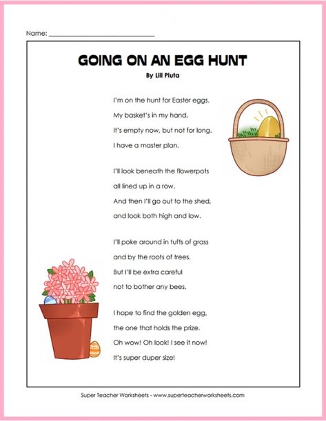 Check out this clever Easter poem, "Going on an Egg Hunt," from the Super Teacher Worksheets Easter page! Visit the Easter collection for more adorable activities! Easter Songs For Preschoolers, Preschool Spring Songs, Easter Songs For Kids, Preschool Circle Time Activities, Easter Poems, Easter Songs, Easter Classroom, Nursery Rhymes Activities, Circle Time Songs