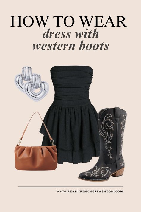 For a sophisticated and versatile twist on the cowboy chic look, consider pairing a classic little black dress with cowboy boots. The timeless elegance of the black dress complements the ruggedness of the boots, creating a chic and effortless outfit that can easily transition from day to night. Black Dress Black Cowboy Boots, Black Dress Cowboy Boots Outfit, Black Cowboy Boots Outfit Summer, Black Dress Western, Black Dress With Cowboy Boots, Black Dress And Cowboy Boots, Dress With Western Boots, Cowboy Boots Outfit Summer, Western Chic Outfits