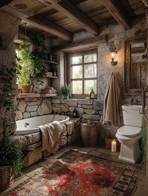 Bathroom Retreat Boho Style Bathroom, Cabin Bathrooms, Rustic Bathroom Designs, Cottage Bathroom, Casa Vintage, Rustic Bathrooms, Vintage Bathrooms, Boho Bathroom, Stone Walls