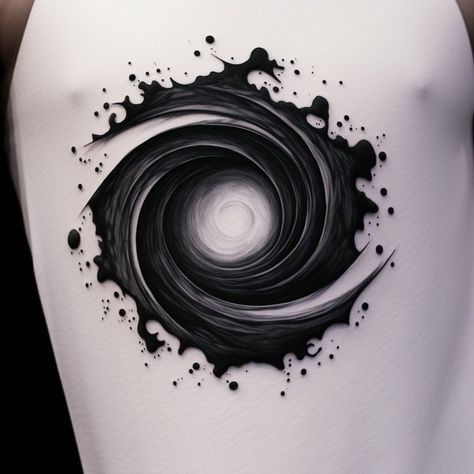 Blackwork Galaxy Tattoo, Space Elbow Tattoo, Call Of The Void Tattoo, Space Eye Tattoo, Chaos Tattoo Design, Spiral Galaxy Drawing, Galaxy Chest Tattoo, Circle Design Tattoo, Shoulder And Upper Arm Tattoos