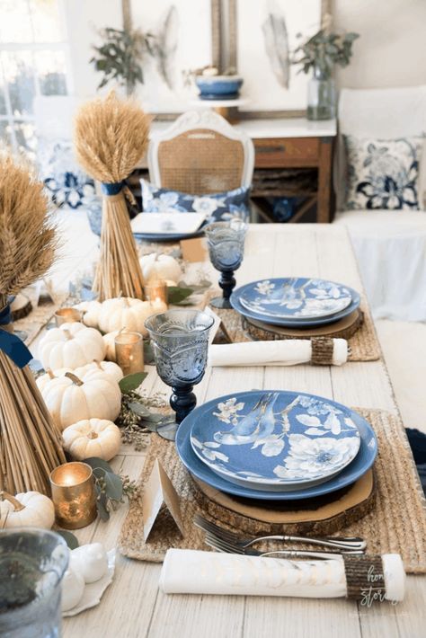 HomeStories EEW Blue And White Thanksgiving Table, Thanksgiving Interior Design, Blue And White Thanksgiving, White Thanksgiving Table, Blue Thanksgiving Table, Blue Thanksgiving, Fall Thanksgiving Decor, Thanksgiving Table Settings, Thanksgiving Tablescapes